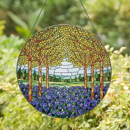 Tiffany Style Bluebell Forest - Deep Blue Violet Flowers & Green Leaf Canopy Art Stained Glass Suncatcher