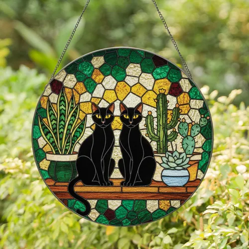 Two Black Cats Potted Plants Stained Glass Art - Tiffany Style Mosaic Jewel Tones Home Decor Gift Stained Glass Suncatcher