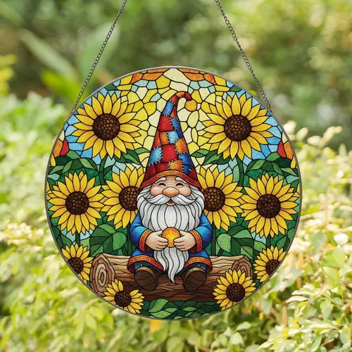Festive Gnome with Patched Hat Sunflowers Tiffany Stained Glass Mosaic Sun Drenched Decor Stained Glass Suncatcher