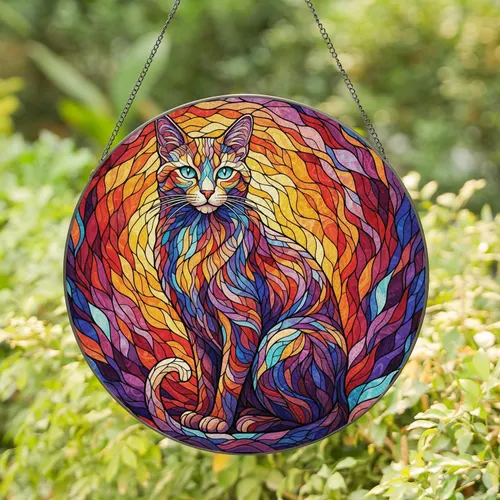 Tiffany Style Stained Glass Cat - Glowing Turquoise Eyes, Intricate Colorful Mosaic Art Stained Glass Suncatcher