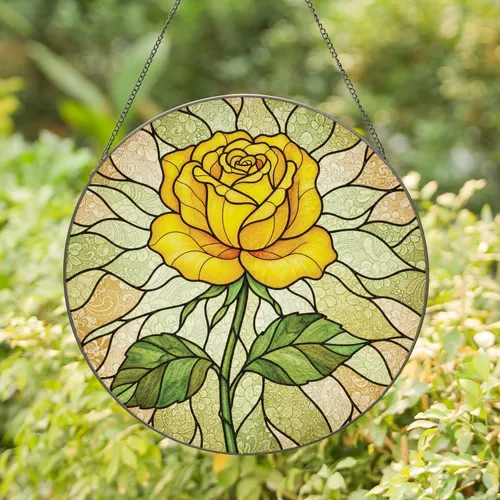 Yellow Rose Petals Green Leaves Stained Glass Tiffany Style Glowing Translucent Mosaic Stained Glass Suncatcher