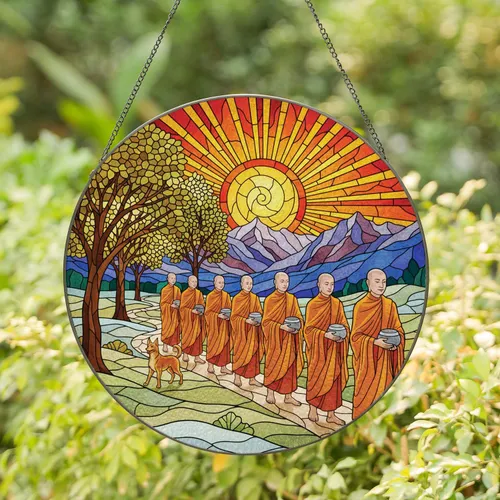 Saffron Buddhist Monks Dog Procession Winding Path Tiffany Style Radiant Sunset Mountains Stained Glass Suncatcher