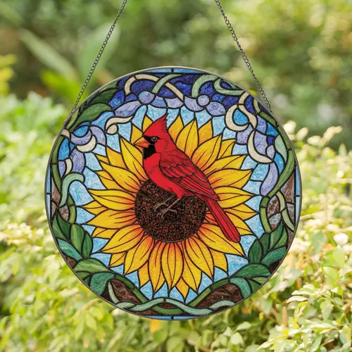 Red Cardinal on Sunflower Stained Glass Art - Colorful Full Frame Tiffany Style Nature Mosaic Stained Glass Suncatcher