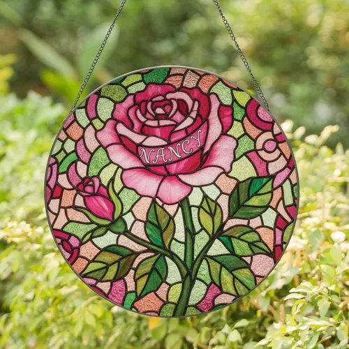 Large Pink Rose Custom Name Stained Glass Art with Bud & Leaves - Personalized Jewel Tone Floral Gift Stained Glass Suncatcher