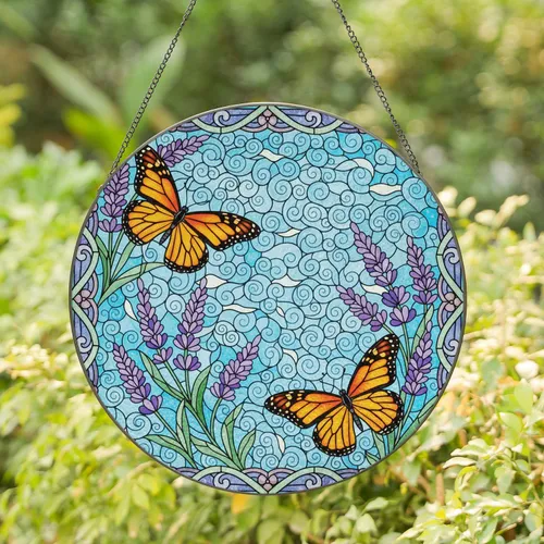 Monarch Butterflies Lavender Flowers Intricate Tiffany Glass Sky Mosaic Art Stained Glass Suncatcher