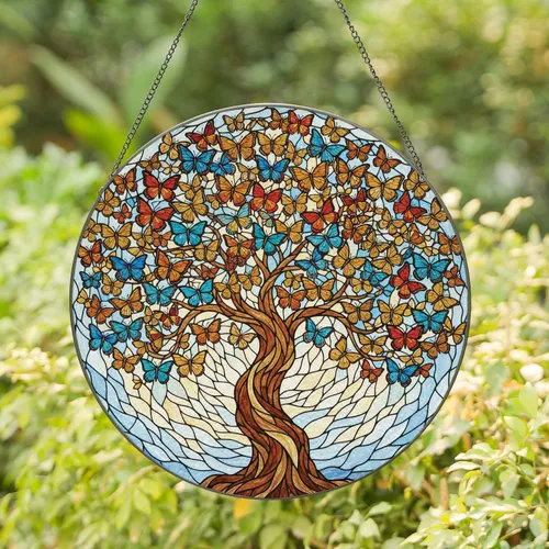 Majestic Stained Glass Butterfly Tree with Intricate Mosaic Sky - Tiffany Art Decor Stained Glass Suncatcher