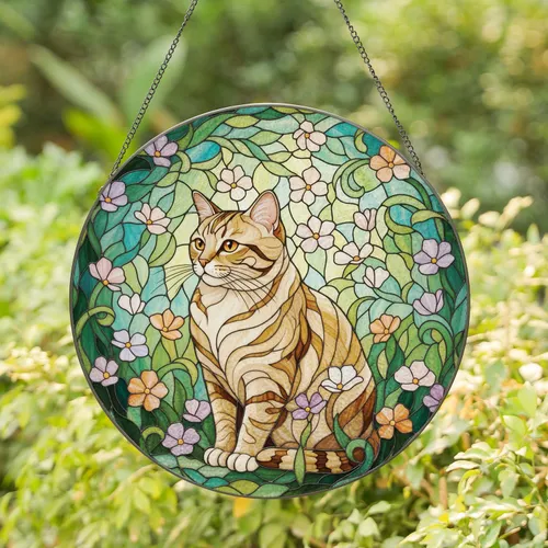Cream Tabby Cat Stained Glass Pink Purple Flowers Verdant Garden Mosaic Tiffany Stained Glass Suncatcher