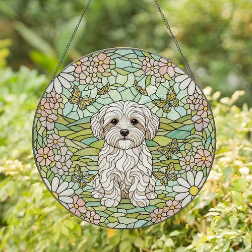 Maltese Dog Stained Glass Art, Flowers & Butterflies, Intricate Tiffany Style Nature Scene Stained Glass Suncatcher