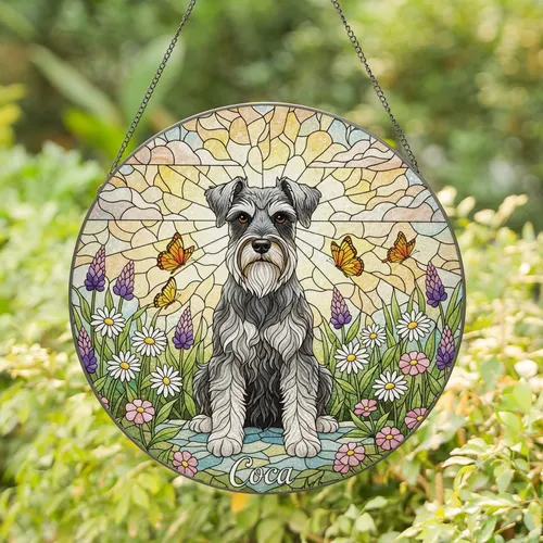 Custom Name Schnauzer Dog Tiffany Style Stained Glass Art Wildflowers Butterflies - Sunlit Sky Gift Stained Glass Suncatcher