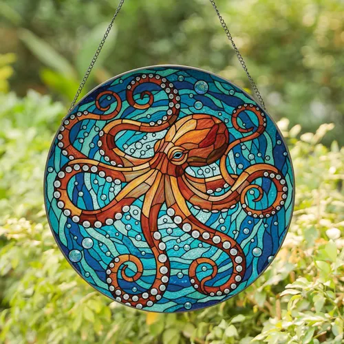 Tiffany Stained Glass Octopus - Swirling Tentacles Deep Sea Mosaic Iridescent Jewel Tones Stained Glass Suncatcher