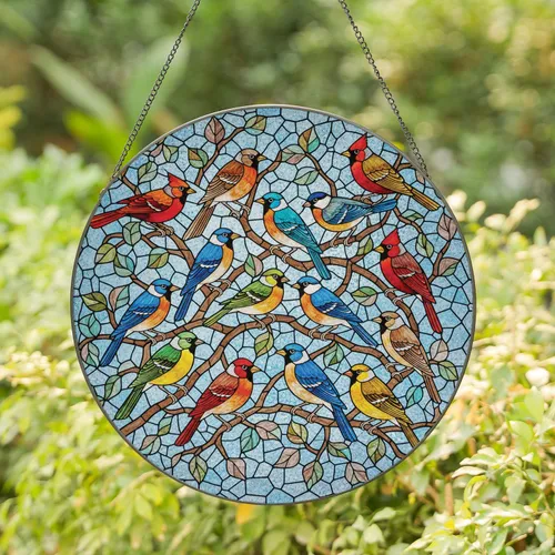 Ten Diverse Colorful Songbirds Tree Branches Stylized Leaves Tiffany Stained Glass Mosaic Stained Glass Suncatcher