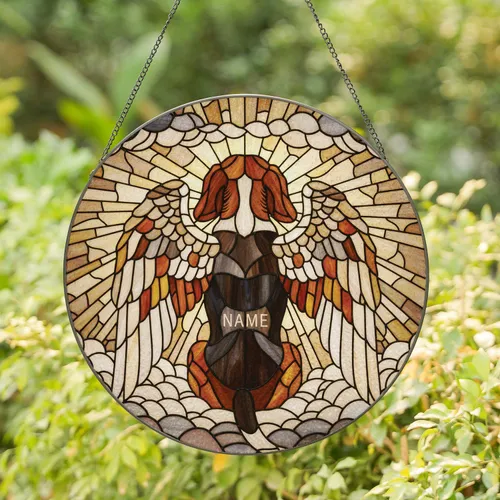 Custom Name Beagle Dog Angel Stained Glass Art, Celestial Clouds Sky - Pet Loss Remembrance Gift Stained Glass Suncatcher