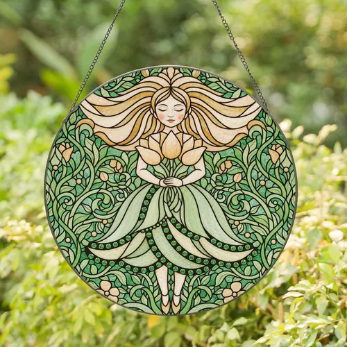 Flower Child Figure Emerald Beads Tulip Buds Lush Garden Mosaic Tiffany Glass Intricate Stained Glass Suncatcher