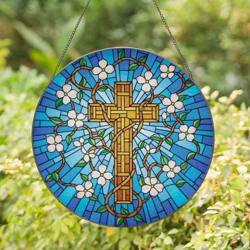 Stained Glass Cross Dogwood Blossoms Blue Mosaic Sky - Tiffany Style Window Art Decor Gift Stained Glass Suncatcher