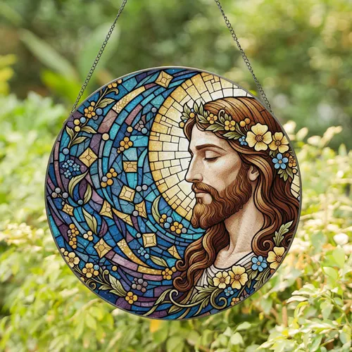 Jesus Christ Stained Glass Tiffany Style Profile Wildflower Halo Mosaic - Faith Gift Stained Glass Suncatcher