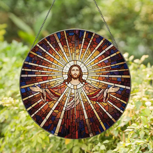 Jesus Christ Stained Glass Mosaic Artwork with Outstretched Arms & Divine Light Rays Stained Glass Suncatcher