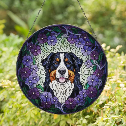 Bernese Mountain Dog Stained Glass Violets Pansies - Tiffany Jewel Tones Home Decor Stained Glass Suncatcher