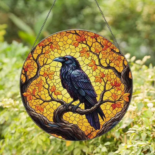 Iridescent Black Raven Autumn Leaves Tiffany Glass Art - Gnarled Branch Mosaic Stained Glass Suncatcher