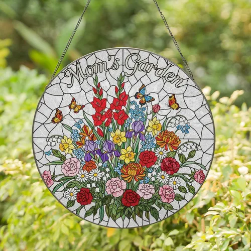 Blooming Flower Bouquet Butterfly Stained Glass 'Mom's Garden' Custom Mom's Title Name Mother's Day Gift for Mom Stained Glass Suncatcher