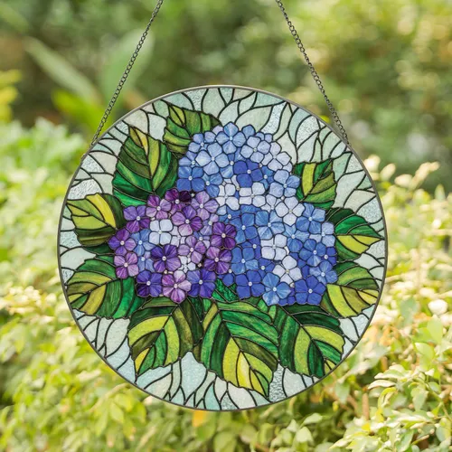 Intricate Tiffany Hydrangea Flowers Jewel Tone Blue Purple Green Mosaic Dappled Light Stained Glass Suncatcher