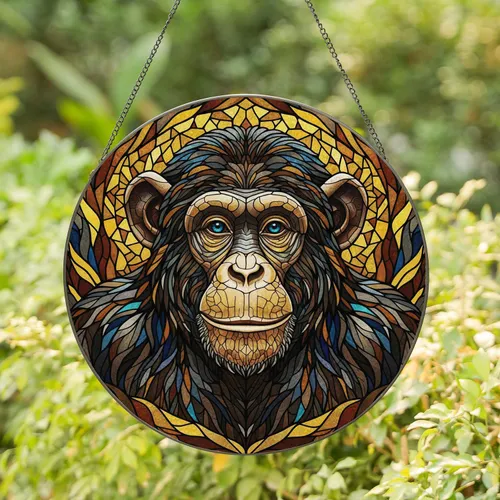 Chimpanzee Stained Glass Head Portrait - Tiffany Style Mosaic Fur Detail Jewel Tones Stained Glass Suncatcher