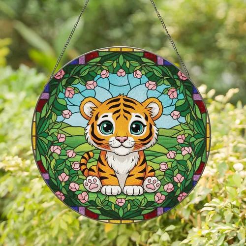 Chibi Baby Tiger Teal Eyes Mosaic Landscape - Wildlife Home Decor Gift Stained Glass Suncatcher