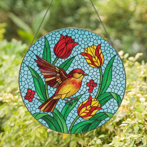 Plump Bird Tulips Stained Glass Mosaic - Wildlife Lover Home Decor Gift Stained Glass Suncatcher