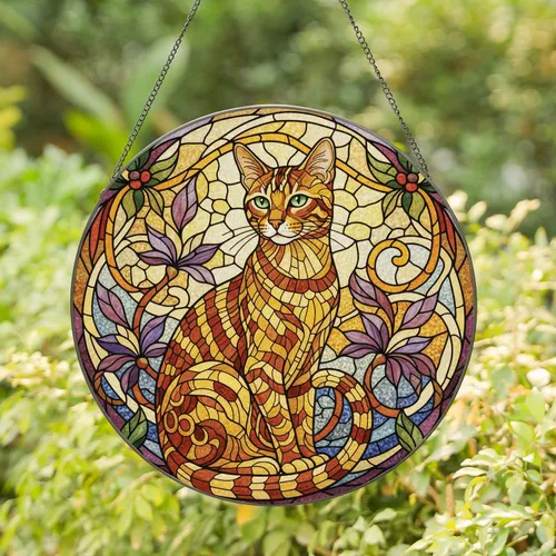 Majestic Striped Cat Tiffany Glass Jewel Tone Floral Mosaic - Cat Lover Home Decor Gift Stained Glass Suncatcher