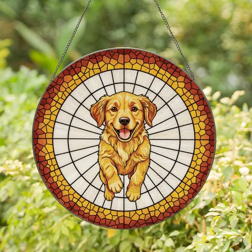 Happy Golden Retriever Puppy Stained Glass - Pet Lover Home Decor Gift Stained Glass Suncatcher