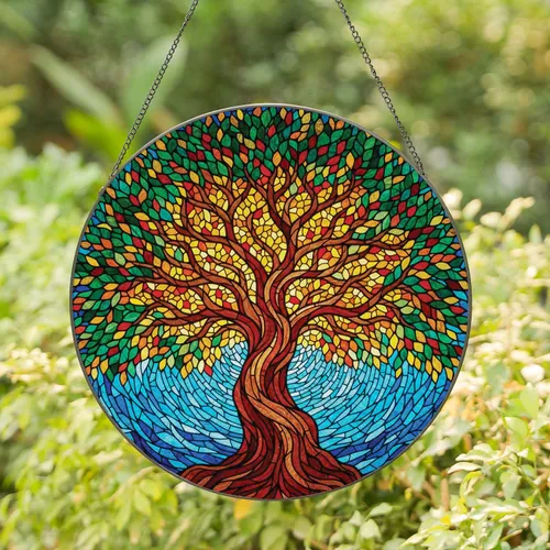 Gnarled Tree of Life Stained Glass Mosaic - Home Decor Gift for Nature Lover Stained Glass Suncatcher
