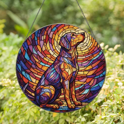 Radiant Sitting Dog Stained Glass Mosaic - Geometric Tiffany Art with Glowing Jewel Tones Stained Glass Suncatcher