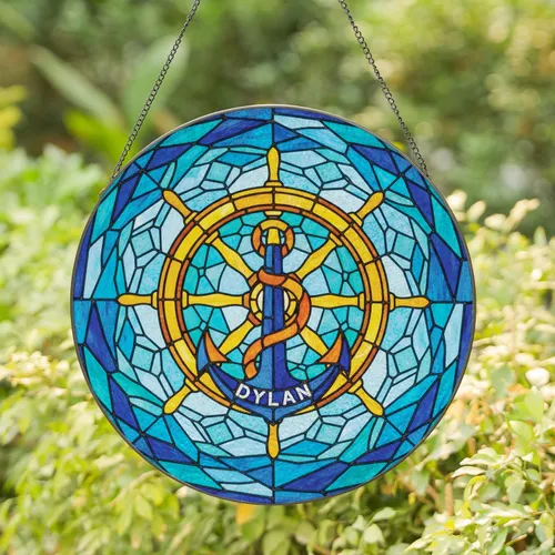 Nautical Ship Wheel Anchor Custom Name - Tiffany Glass Mosaic Ocean Waves Blue Teal Gift Stained Glass Suncatcher