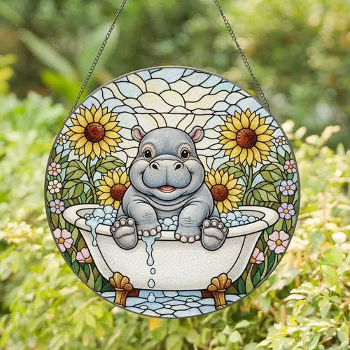 Chubby Baby Hippo Bathtub Sunflowers - Jewel Tone Tiffany Style Garden Mosaic Decor Stained Glass Suncatcher