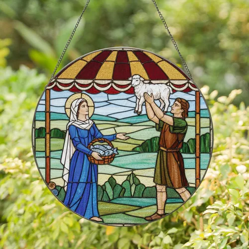 Man Woman Lamb Fish Offering Pastoral Market Scene - Home Decor Gift Stained Glass Suncatcher