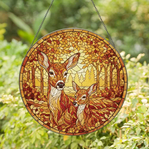 Doe Fawn Stained Glass Autumn Forest Home Decor Gift for Wildlife Lover Stained Glass Suncatcher