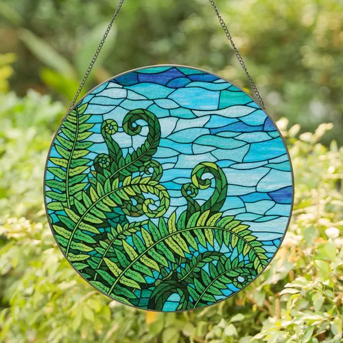 Tiffany Style Stained Glass Fern Fronds & Jewel Tone Water Mosaic - Intricate Nature Decor Stained Glass Suncatcher