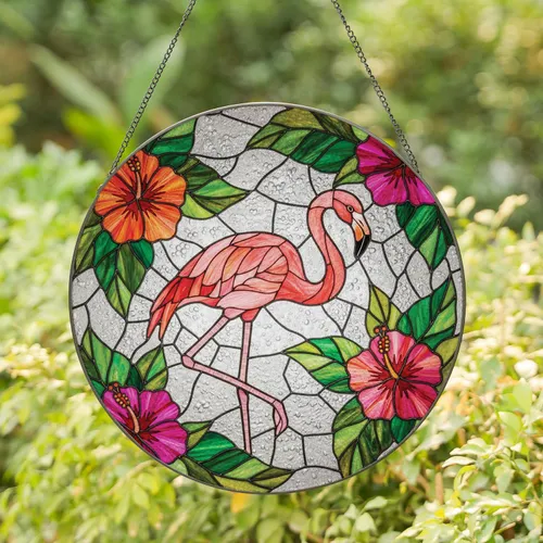 Flamingo Tropical Hibiscus Tiffany Stained Glass Mosaic - Edge-to-Edge Colorful Detail Stained Glass Suncatcher