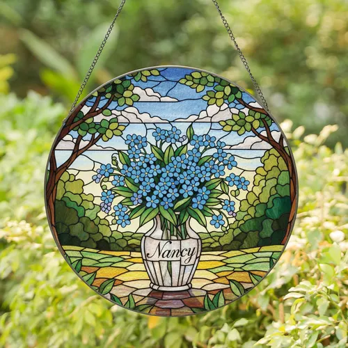 Forget-Me-Not Flowers Custom Name Vase Tiffany Style Stained Glass Lush Foliage Sky Scene Stained Glass Suncatcher