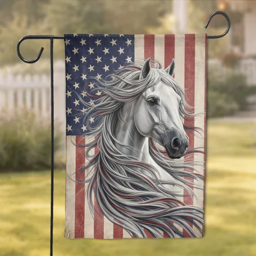 Proud Noble White Horse Distressed American Flag - Patriotic Home Decor Gift Garden Flag