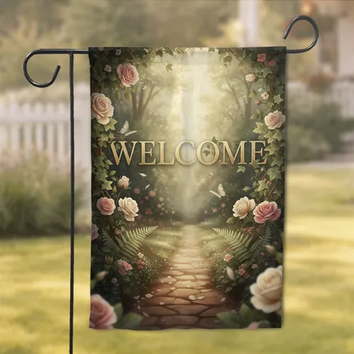 Golden Welcome Text Botanical Garden - Inviting Home Decor Gift Garden Flag
