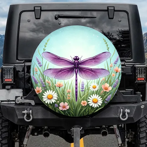 Purple Dragonfly Starry Wings Wildflowers - Wildlife Lover Gift Spare Tire Cover