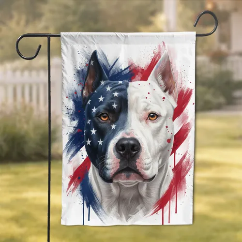 Stoic Pit Bull American Flag Blue Star Red Paint Patriotic Home Decor Gift for Dog Lovers Garden Flag