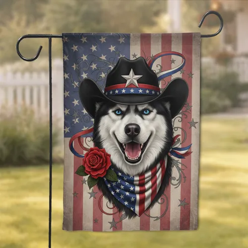 Husky Dog Cowboy Hat American Flag - Independence Day Gift for Dog Lover Garden Flag