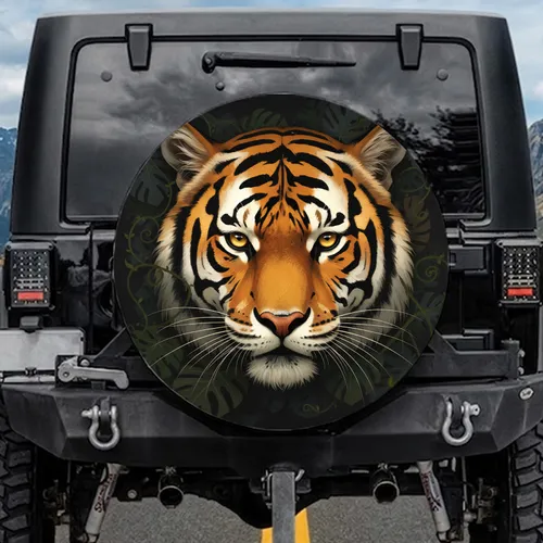 Majestic Tiger Focused Eyes Powerful Head Striped Fur Jungle Foliage Wildlife Lover Gift Spare Tire Cover