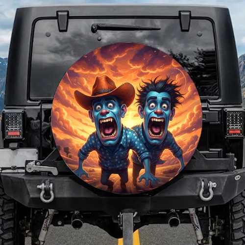 Comedic Terror Blue Monsters Cowboy Hat Sunset Sky with Speed Lines - Travel Essentials Spare Tire Cover