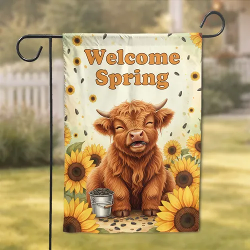 Highland Calf Sunflowers Welcome Spring - Springtime Home Decor Gift Garden Flag