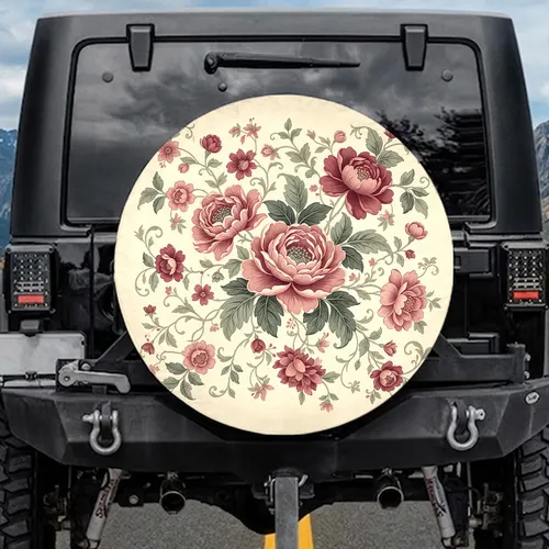Dusty Rose Deep Pink Floral Arrangement with Muted Green Leaves Vintage Car Decor Gift Spare Tire Cover