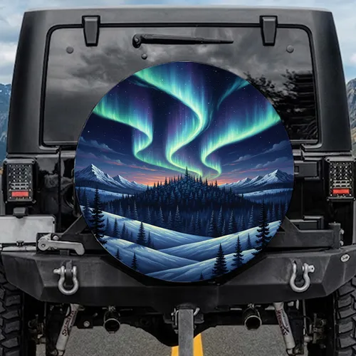 Aurora Borealis Winter Forest Snow Mountains - Outdoor Adventure for Nature Lovers Spare Tire Cover
