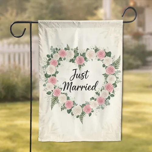"Just Married" Script Rose Floral Heart Wreath - Wedding Ceremony Gift for Newlyweds Garden Flag