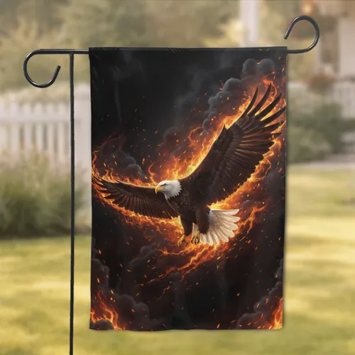 American Bald Eagle Fiery Flames Dark Smoke - Patriotic Home Decor Gift Garden Flag